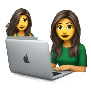 woman; 30's; white skin; dark green eyes; long thick hair parted in the middle; brown hair with gray strands on top; cut in layers shaggy style; wearing a T-shirt; working on a macbook sticker