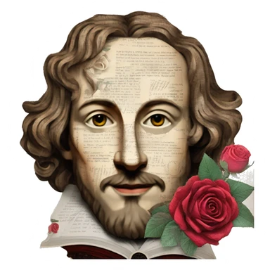 Shakespeare person made of newspaper cuttings wearing flowers, stained glass, fairy lights, bokeh, annotated sketch, handwritten letters, collage of intricate patterns, roses flowers sticker