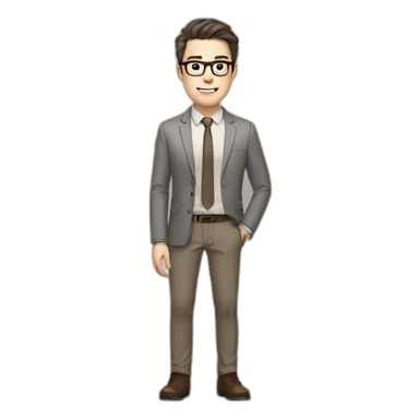 Pale skinned fit man with dark brown hair in gray jacket, beige office shirt, brown tie, brown pants and vintage glasses Writing text on a marker board sticker