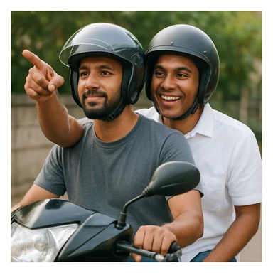 two men sitting on a bike, both wearing helmets, the man behind the driver wearing a white shirt and pointing a finger, both with brown skin tone sticker