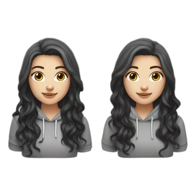 white girl with long black wavy hair with gray eyes in a hoody sticker