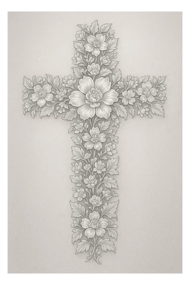 a bright grey flower cross, elaborate design, shimmering highlights, intricate flowers sticker
