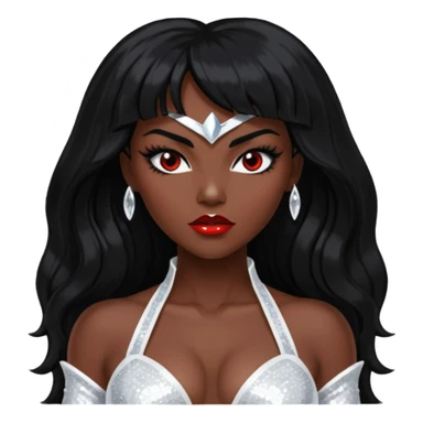 Victory from Vampirella with dark skin, long black hair, white sequin outfit sticker