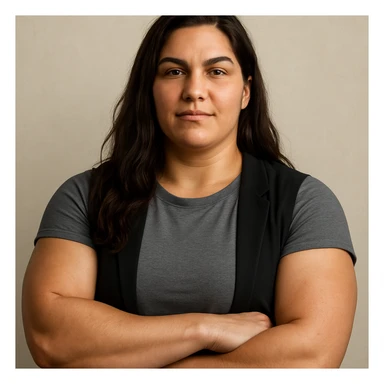 kräftige Frau mit langen braunen Haaren, neutraler Hintergrund, Oberkörper, entspannter Gesichtsausdruck, moderne Kleidung sticker