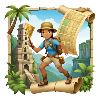 An icon featuring an adventurer in a dynamic action pose with treasure map, ancient ruins and jungle landscapes in the background. The design includes clues, hidden passages and climbing gear, symbolizing the thrill of exploration and discovery. Transparent background. sticker