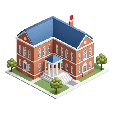 University campus main building, isometric dollhouse-style, realistic sticker