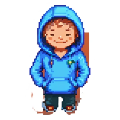 pixel art of a man with a blue hoodie, smiling and blinking animation, simple background sticker