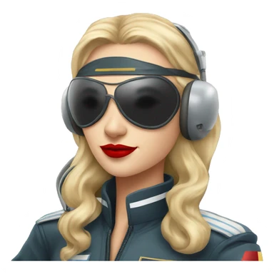 Blonde Russian pilot girl with red lips with pilot headset infront of an airplane   sticker