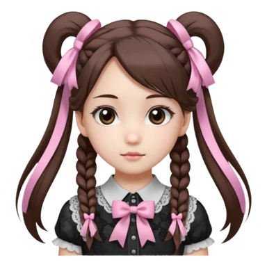 jirai kei, девушка с длинными прямыми темно каштановыми волосами и несколько розовых прядей по всей голове в разных местах, прическа два высоких хвоста заплетённые пушистыми белыми резинками. милое лицо. серо-розовая рубашка и чёрный бант, много кружев чёрного цвета sticker