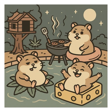 Discord server icon, 512x512 px, square format, summer pool cookout scene with up to 3 hamsters floating on pool toys, weed leaf, cheese, and THC theme, near a treehouse, in space. Flat toon style, soft but colorful, bold outlines, nostalgic, fun, inviting, summer party vibe, clear composition, less vibrant colors, crisp details, designed to look good even at tiny size. sticker