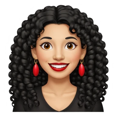 40 yr old peruvian woman, very curly long black hair, red lipstick, big smile, white teeth, brown eyes, hoop earings, side part to hair sticker