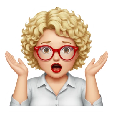 A blonde woman with short curly hair, slightly overweight, wearing red-framed glasses, shouting with hands cupped around her mouth sticker