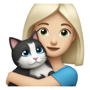 Girl with short black hair and blue eyes cuddling with a cat sticker