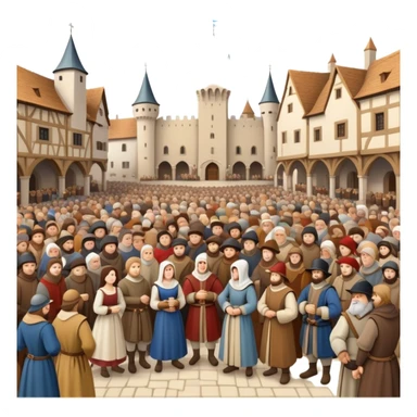 Large crowd of medieval people gathered in town square, mixture of wealthy merchants in fine clothes and commoners in simple attire sticker