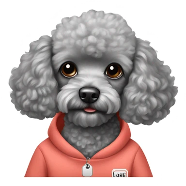 Gray toy poodle with a sweatshirt with the name Louie on his tag sticker