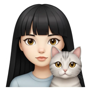 girl with long black  straight bangs hair and two light grey-shared cats sticker