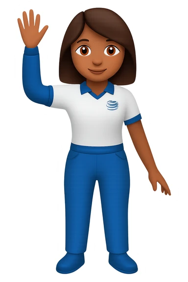 Edit the image of an AT&T inspired woman emoji, full body, waving, in Apple emoji style. Change the hair color to brown. Keep the blue and white color scheme. Remove the background to transparent. sticker