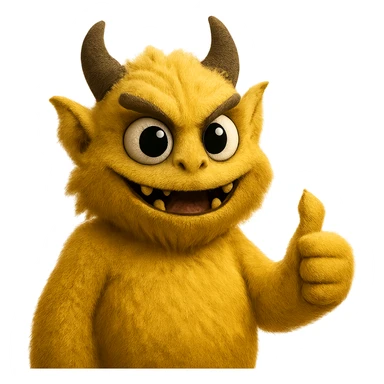 Make this yellow athletic mascot look more grown up and cooler, less like a person and more like a monster, keep the soft fuzzy texture and big eyes, giving a thumbs up, with no background. Maintain the yellow color and soft fuzzy texture with big eyes, emphasizing a monster-like character giving a thumbs up. sticker