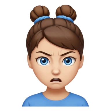 Girl with blue eyes, brown hair in a bun, angry sticker