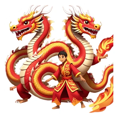 Cinematic Realistic scene of two performers guiding an elaborately designed dragon costume during a Dragon Dance, with vivid traditional patterns and dynamic motion, set under festive, red-tinged lighting sticker