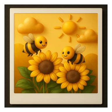 3D iOS style emoji of sunflowers with bees, a sun, and clouds in the background, mimicking the colors and composition of the reference image, add more details, add a polaroid frame sticker