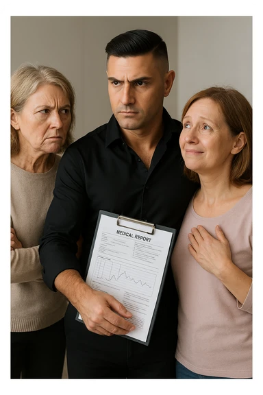 Middle-aged man standing between his menopausal wife and critical mother-in-law, body language shielding her, medical reports in hand proving her symptoms are real sticker