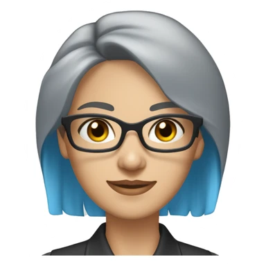 Caucasian woman with chin length choppy blue hair and grey eyes wearing light grey square-shaped glasses and a black collared shirt sticker