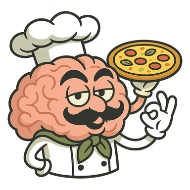 brain wearing chef's hat, holding pizza, exaggerated Italian features, fun style sticker
