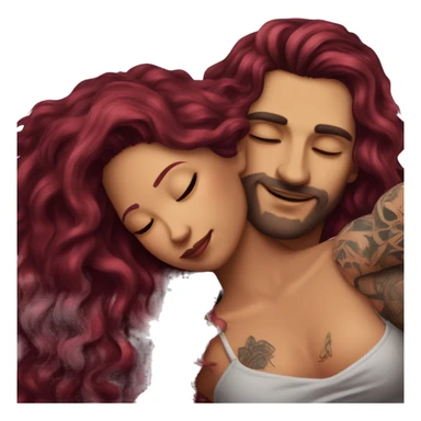 Beautiful tattooed burgundy long haired woman laying on the boyfriends chest sticker