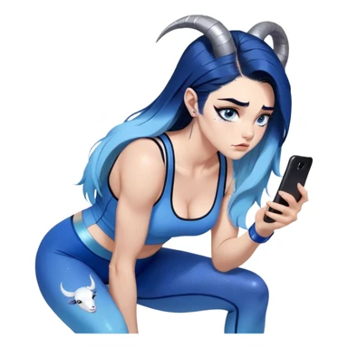 Disapponted-big tears-head back texting on phone-very very large upper body-sexy face-bending forward at waist-very long very straight dark blue to light blue ombre hair-and-blue eyes-thick black eyeliner-cute goat horns-iridescent blue lowcut tanktop with black leggings with glitter superman logo sticker