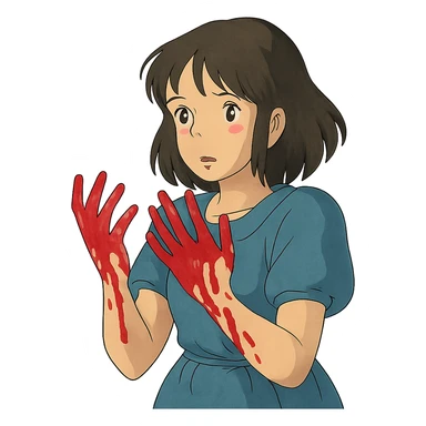 ghibli style illustration of a woman with blood on her hands sticker