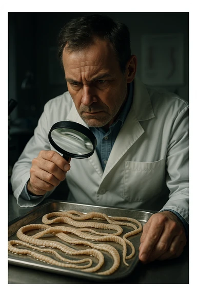 A middle-aged male kinesiologist wearing a pristine white lab coat, intensely analyzing long, beige tapeworms (like Taenia) under a magnifying glass. His expression is focused and slightly concerned, with dramatic studio lighting casting sharp shadows. The parasites are highly detailed, moist, and textured, stretched across a sterile metal tray. The background is blurred but suggests a clinical environment—hints of a microscope, medical charts, and clean lab equipment. The style is hyper-realistic, with a cinematic contrast between the bright white coat and the grotesque, organic forms of the parasites. No sci-fi elements, just raw medical realism with a disturbing edge sticker