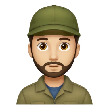 Apple emoji style young man with light skin, short stubble beard, dark eyes, olive green cap, dark brown hair. Clean shapes, soft gradients, friendly expression. sticker