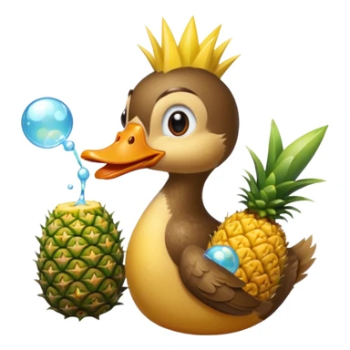 Duck eating pineapple. With little monkey holding magic wand and blowing bubbles sticker