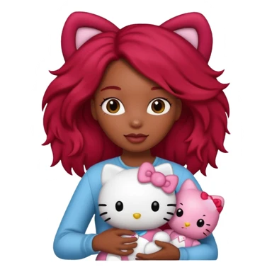 black woman with long brown and red hair, holding a hello kitty plushie  sticker