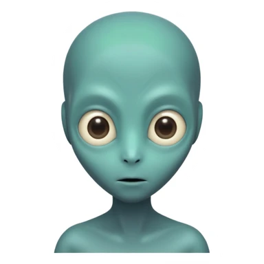 Portrait of an alien with smooth greenish-blue skin, large black oval eyes, small nose, and no visible ears, elongated head, front-facing, wearing brown t-shirt, soft glow, simple futuristic design sticker