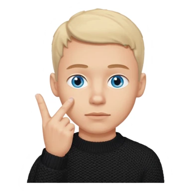 man in black knitted sweater in thinking pose, blue eyes, index finger touching his chin, eyes looking up to the top right sticker