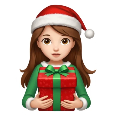 a girl with long brown hair wearing a christmas clothes and holding a gift sticker