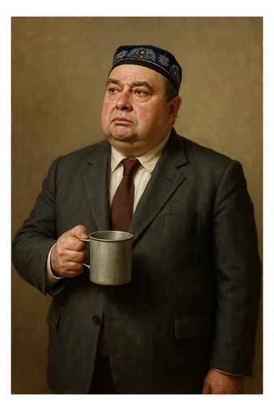 Сгенерируй мне с кружкой толстого чиновника в пиджаке и узбекской тюбитейке, он стоит как будто ждет что в кружку что то нальют, в стиле реалистичной живописи на однородном фоне. Кружка металическая советская. Он должен не обрезаться краями изображения и полностью помещаться в экран.  sticker
