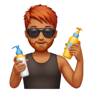 male red haired with suncream bottle and sunglasses, with sun burned sticker