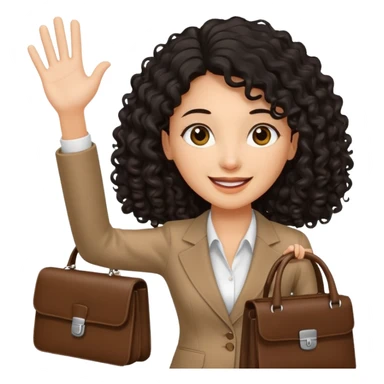 medium deep tan brown business woman with long black curly hair, waving hand with happy face and holding a close laptop and carrying a bag on her dhoulder sticker