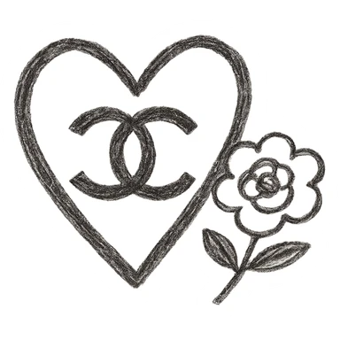 Chanel heart, playful, black and white, with a camellia flower, children doodle style sticker