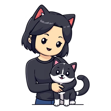 girl with black shoulder-length hair wearing a black tight-fitting top with a calico cat with white mouth and a shiba inu dog sticker