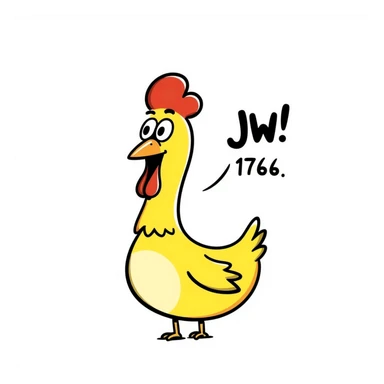 cartoon style shouting yellow long neck chicken with a funny expression, 'JW 1776' in a speech bubble sticker