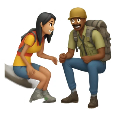 mujer y hombre acampando a la orilla de un lago con montañas de fondo sticker