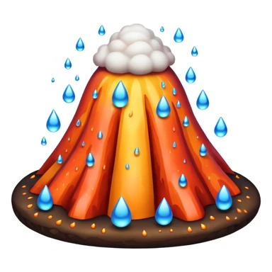 A cute, round emoji-style volcano with a smooth, simplified shape and soft shading. 
Instead of lava, the volcano erupts with colorful water droplets that pop upward in playful arcs. 
 sticker