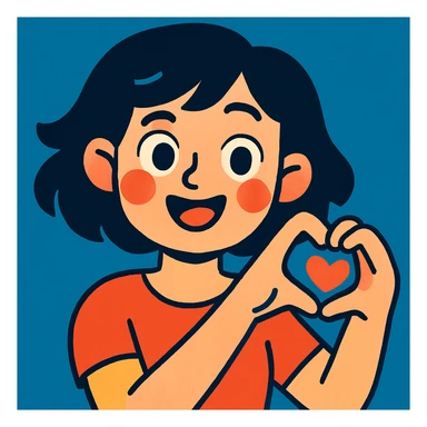 chica de cabello negro, corto y ondulado, haciendo un corazón con la mano, ilustración colorida y amigable sticker