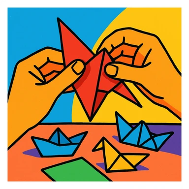 a pair of hands folding origami, vibrant toon style sticker