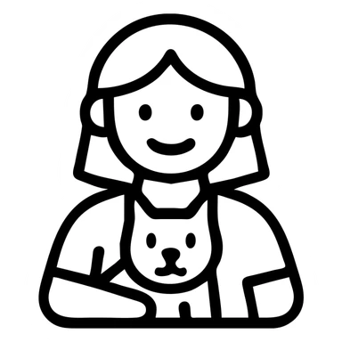 minimal flat color icon style of a white-skinned girl with brown hair holding a black and white cat, simple lines, modern vector illustration sticker