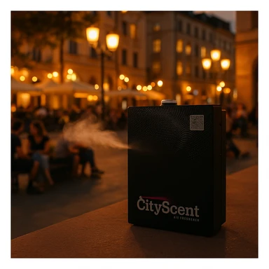 Add a soft, realistic scent mist effect coming from the left side of the CityScent air freshener machine. The scene is realistic, with people relaxing and enjoying the scent in the city center at evening. sticker